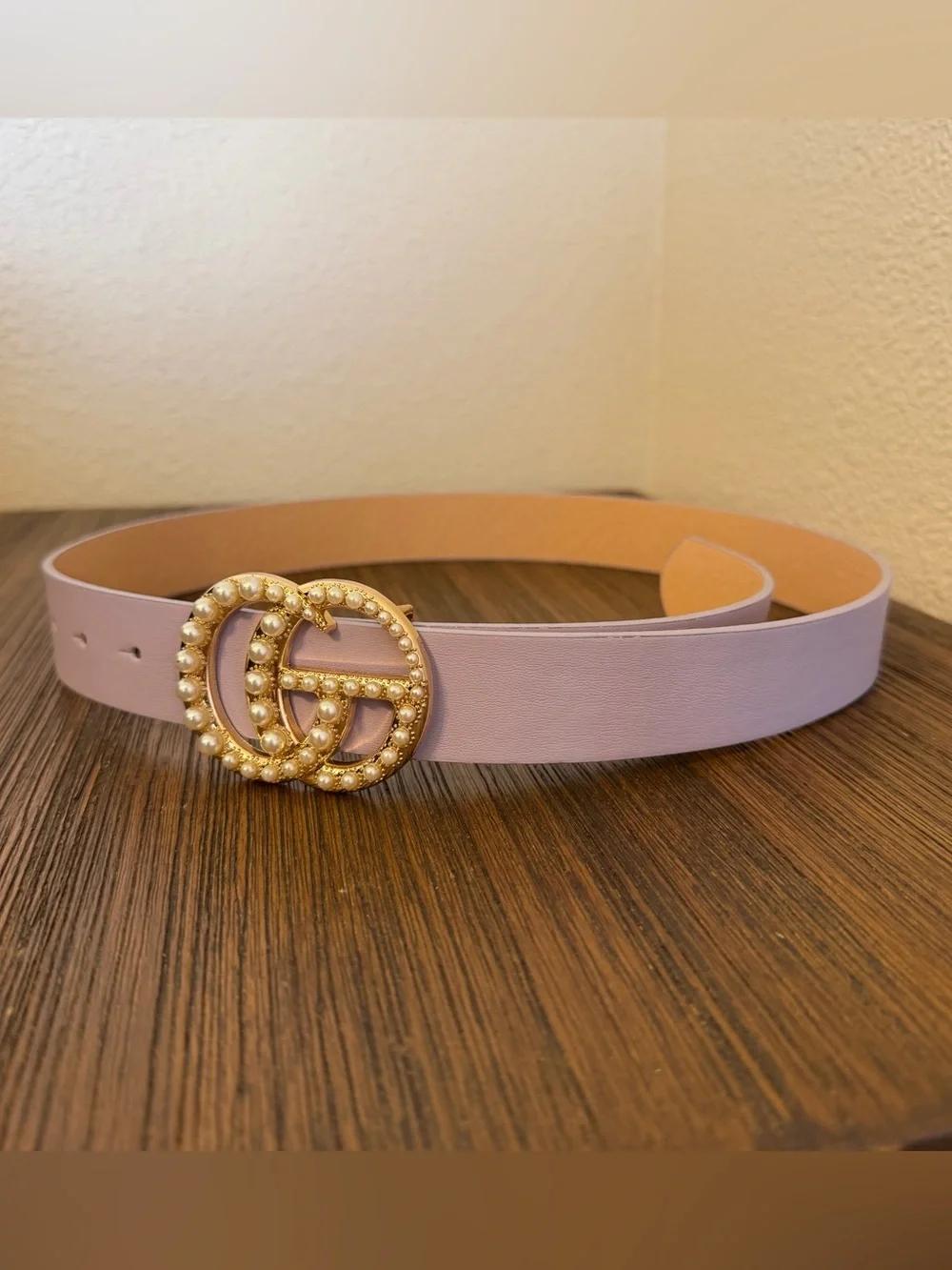 women’s faux ‘GG’ periwinkle belt gold hardware & pearls glam preppy festival
